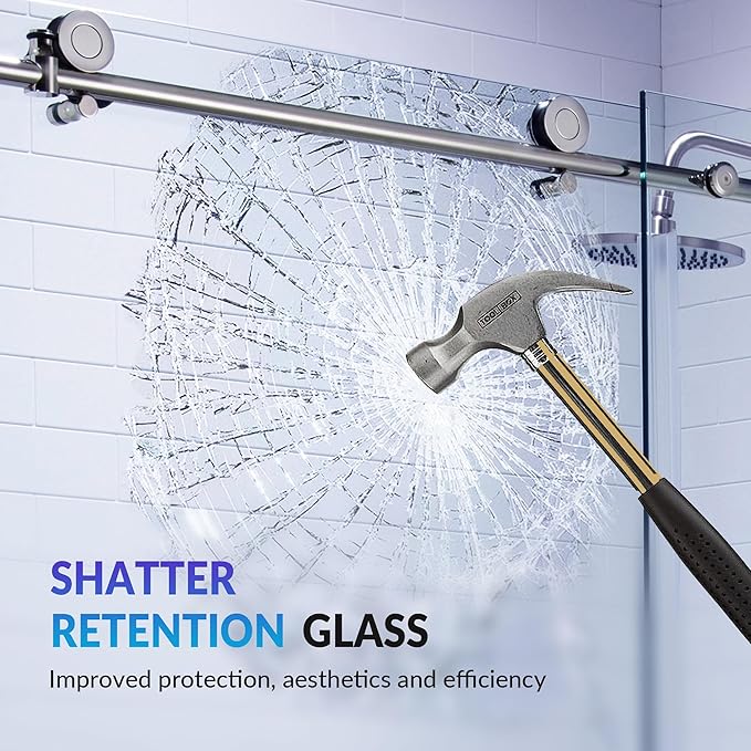 Woodbridge Frameless Single Sliding Shower Doors in Brushed Nickel Finish, 45.5-48" Width x 76" Height with 3/8"(10mm) Clear Tempered Glass, Soft Close System and Explosion-Proof Film, BSDC4876-B