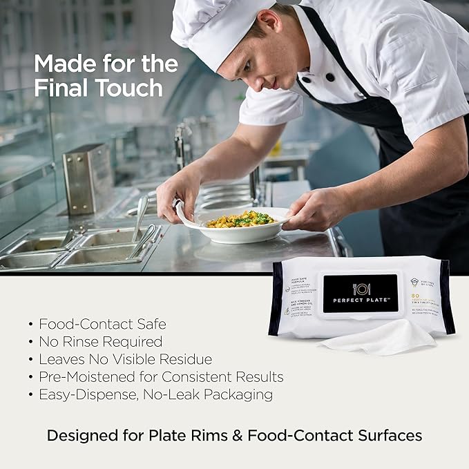 Perfect Plate Rice Vinegar Cleaning Wipes - Food-Safe, No Rinse, Alcohol-Free - Pre-Moistened Dish Wipes for Plating & Serving, 80 Wipes (1 Pack)