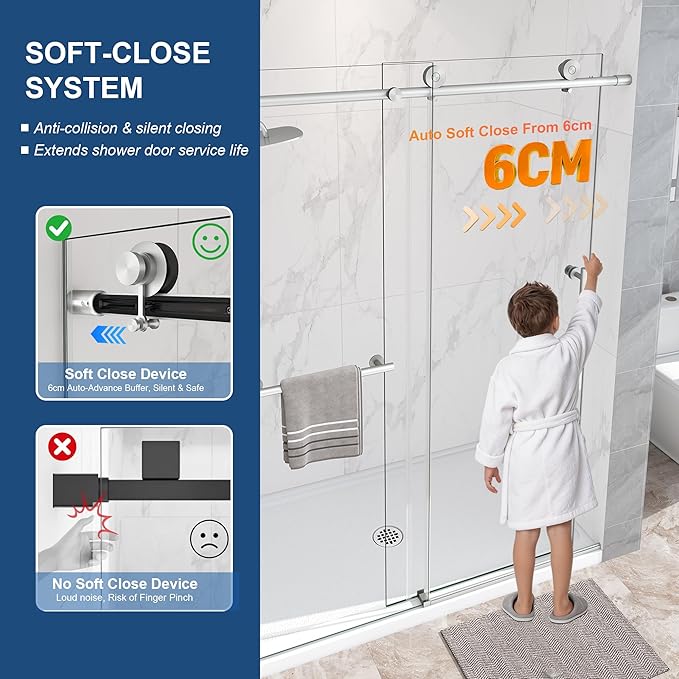 Frameless Shower Door,5/16" (8mm) Glass Sliding Shower Door with Soft-Close & Anti-Leak,Nano Coating Anti-Explosion Film SGCC Tempered Glass 43"-48" X 76"H,Brushed Nickel
