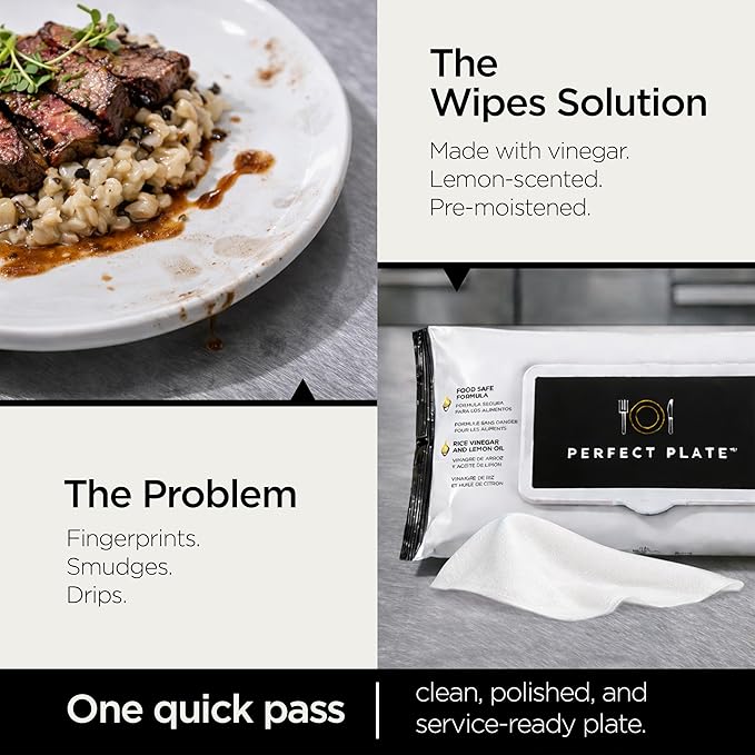 Perfect Plate Rice Vinegar Cleaning Wipes - Food-Safe, No Rinse, Alcohol-Free - Pre-Moistened Dish Wipes for Plating & Serving, 80 Wipes (1 Pack)