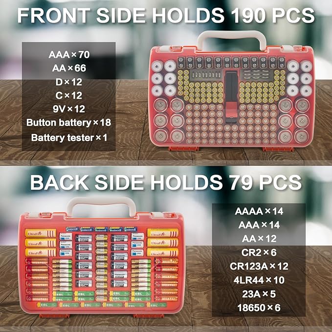 Battery Organizer Storage Holder Case with Double-Sided, Garage Box with Tester Checker. Batteries Container for 269pcs AA AAA AAAA 3A 4A 9V C D Lithium 4LR44 CR2 CR123A CR1632 CR2032 18650 - Orange