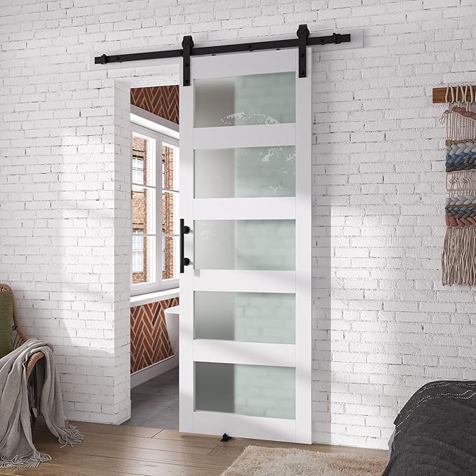 SMARTSTANDARD 30" x 84" Glass Barn Door with 5FT Hardware Kit Included, 5-Panel Glass, DIY Assembly Required, Waterproof PVC Coating, Pure White