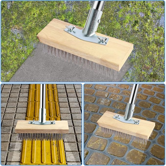 2 Pack Stainless Steel Floor Scrub Brush with 4 Section Detachable Pole, 65” Deck Stain Brush with Long Handle, Push Broom Outdoor Heavy Duty for Concrete Floor Patio Garden Garage Swimming Pool