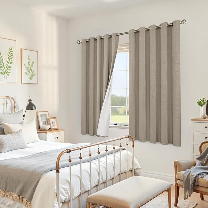 YoungsTex Extra Wide Burlap Linen Blackout Curtains for Bedroom, Taupe Thermal Insulated Drapes Heat Blocking with Grommet for Living Room Window with White Backing, 2 Panels, 60 X 63 Inch