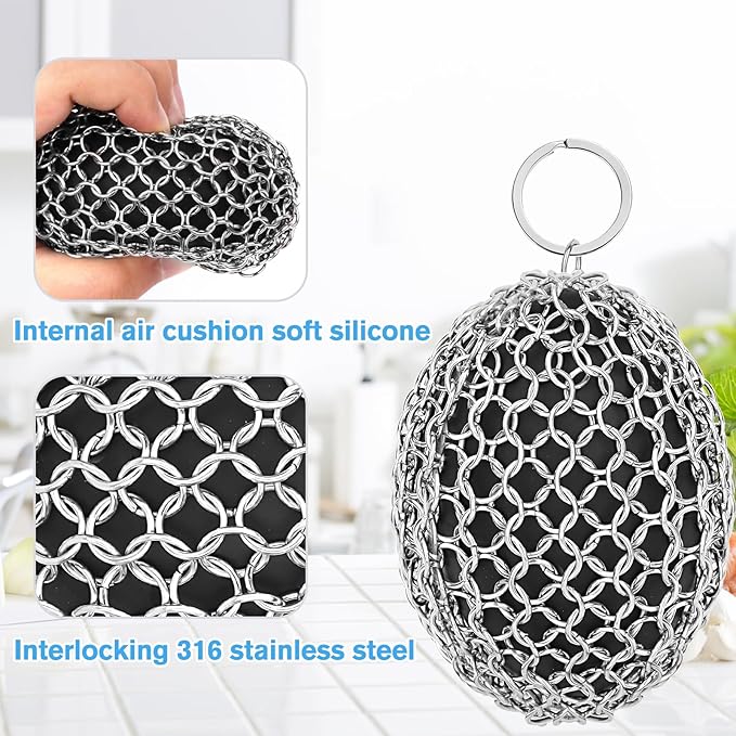 Cast Iron Scrubber & Scraper Set with Hook - Ergonomic 316 Chainmail Scrubber for Cast Iron Skillets, Dutch Oven, Baking Sheet, Crock Pot, Grills & More - Black Single Ring