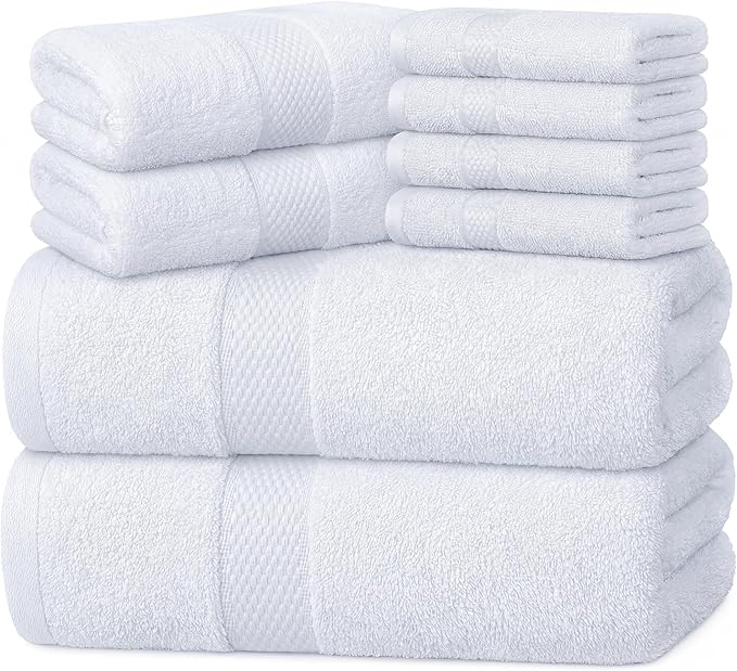 Infinitee Xclusives Luxury 100% Cotton Towel Set – 8 Piece Bathroom Towel Set (2 Bath Towels, 2 Hand Towels, 4 Washcloths) – Soft & Absorbent Towels for Bathroom (Brilliant White)