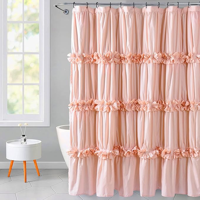 Peach Ruffle Shower Curtain, Vintage Handcrafted Bow Tie Bath Curtain for Master Bathroom, Ruched Microfiber Bathroom Curtain with 12 Buttonholes, 72" W x 72" H (LQ-10)