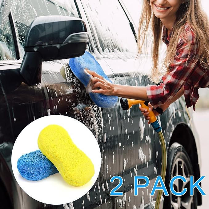 Tanlade 2 Pcs 2 Pack Large Microfiber Car Wash Sponge for Cleaning, Non Scratch Microfiber Sponges for Car Washing Supplies, Trucks and Motorcycles (Blue,Yellow)