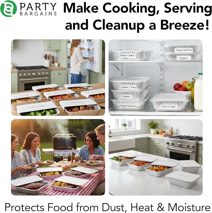 PARTY BARGAINS 4 lb Aluminum Pans with Board Lids, 50 Pack – 12 x 8 in Disposable Foil Roasting & Steam Table Pans for Catering, Takeout, Meal Prep, Oven Safe up to 240°C