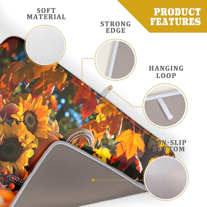 Fall Harvest Pumpkin Dish Drying Mat for Kitchen Counter,Thanksgiving Maple Leaves Sunflower Drying Mat 18 x 24 Inch with Absorbent Reversible Microfiber Dish Drying Pad for Coffee Bar