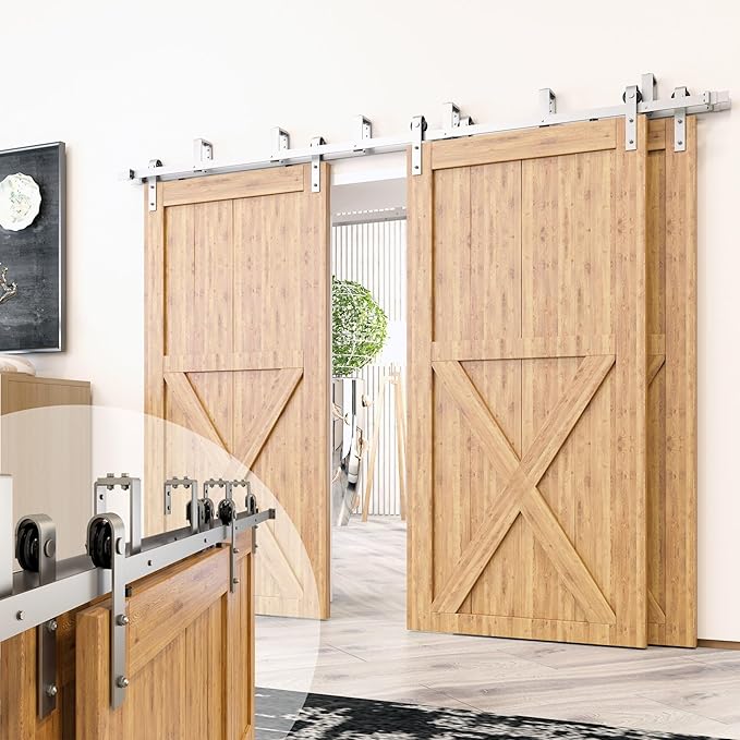 Homacer Brushed Nickel Double Track U-Shape Bypass Sliding Barn Door Hardware Kit, for Three Doors, 14ft Long Flat Track, Classic Design Roller