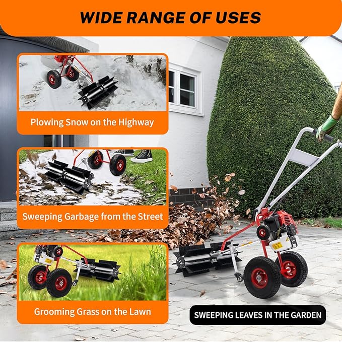 43cc 2-Stroke 1.7hp Portable Gas Power Held Sweeper Broom, 1250w Cleaning Driveway Turf Grass Walk Behind Hand Lawn Sweeper Carpet Sweeper Yard Sweeper Park Garden Cleanning Machine