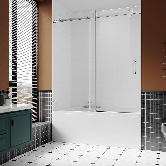 3/8" (10mm) Sliding Glass Shower Door for Bathtub, 56-60" W x 66" H Frameless Bathroom Door with Easy-Cleaning Coating,Bright Chrome