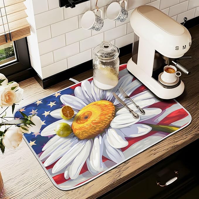 Daisy Flowers and American Flag Dish Drying Mat for Kitchen Ccounter Absorbent Microfiber Small Drying Pad Dish mats for Kitchen Countertops 16 x 18 Inch