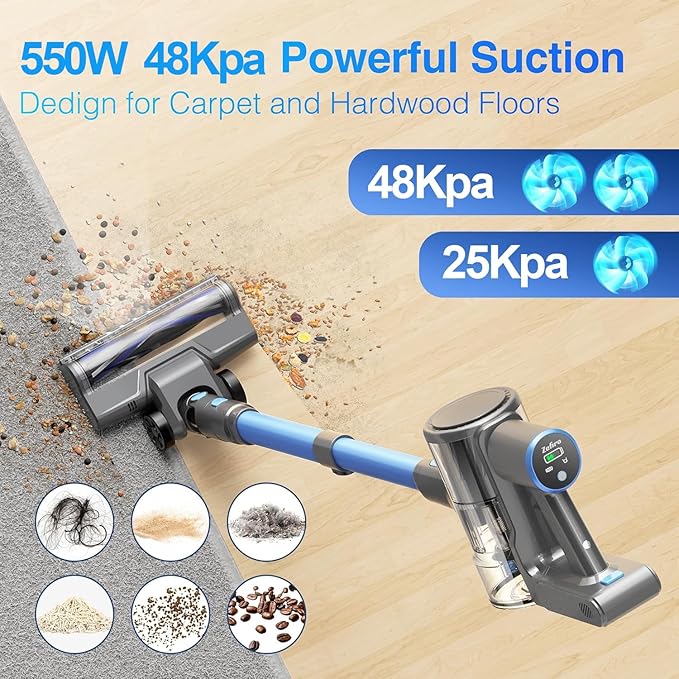 Zefiro Cordless Vacuum Cleaner for Home,550W /48Kpa 50Mins Stick Vacuum,Anti-Tangle 1.5L Dust Cup, Rechargeable Wireless Handheld Vacuum for Pet Hair/Carpet/Floor