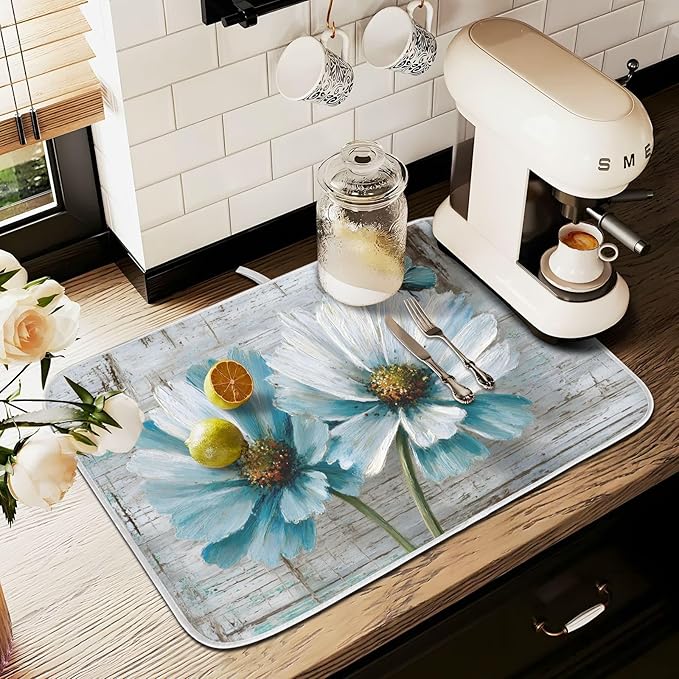 Rustic Teal White Daisy on Vintage Wooden Dish Drying Mat for Kitchen Counter Absorbent Microfiber Small Drying Pad Dish mats for Kitchen Countertops 16 x 18 Inch