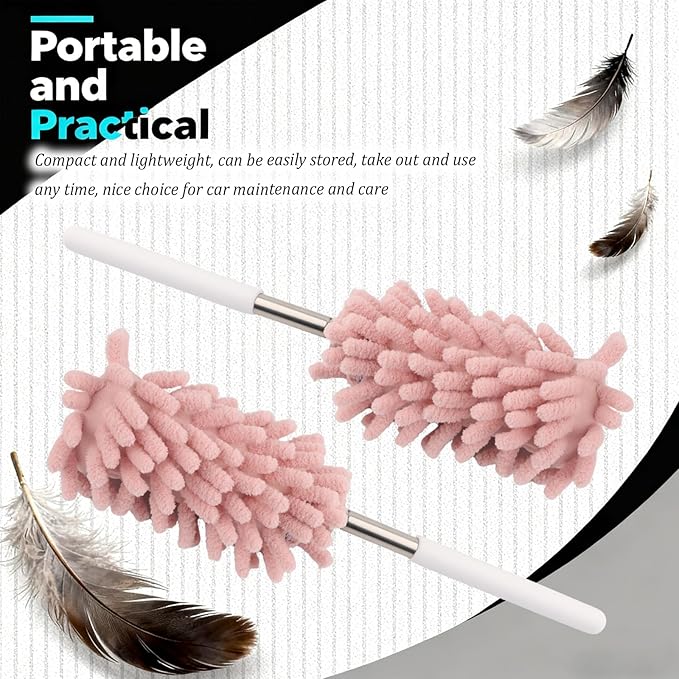 2PCS Car Duster Interior with Bendable Head & Retractable Extension Pole,Pink Microfiber Duster for Car Interior Detailing Cleaning,Universal Cars Interiors Dusters Cars Tools