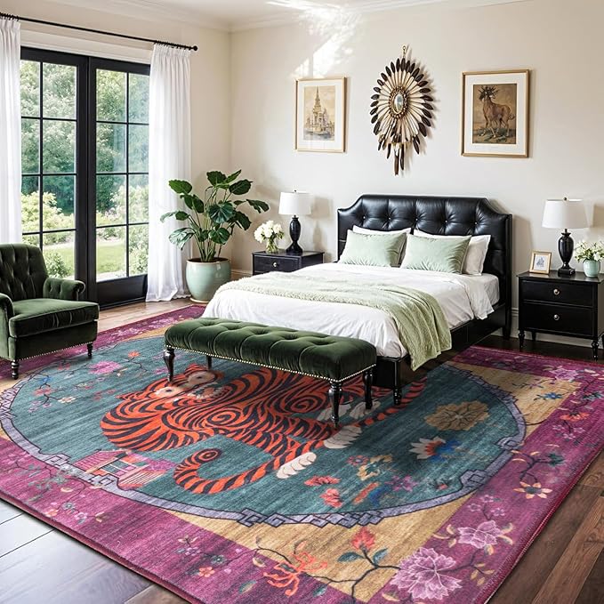 Vintage Green Tiger Rug Washable 6x9 Oriental Traditional Animal Print Purple-Green Floral Tibetan Rugs for Bedroom Kitchen Living Room Indoor Entryway Carpet Thin Rug