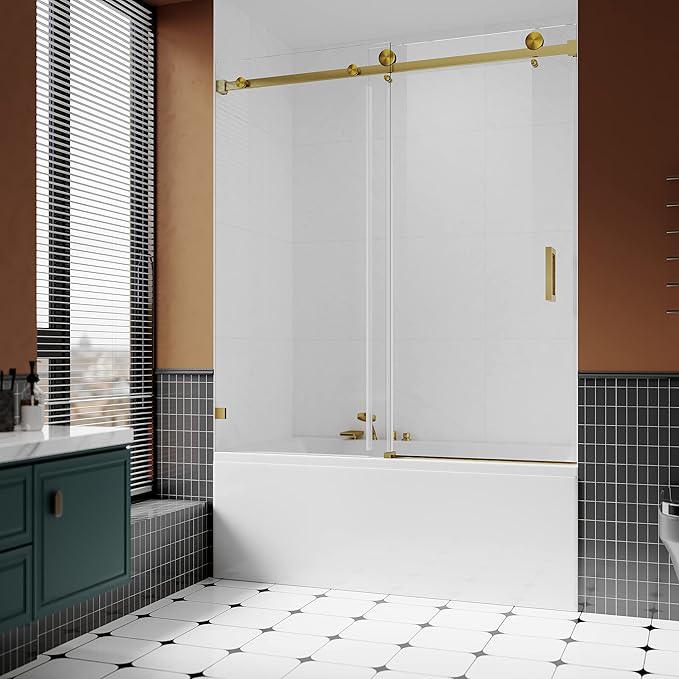 3/8" (10mm) Sliding Glass Shower Door for Bathtub, 56-60" W x 66" H Frameless Bathroom Door with Easy-Cleaning Coating,Satin Brass