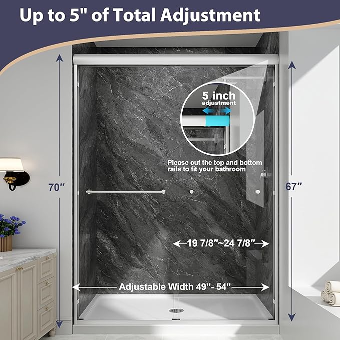 Double Sliding Shower Door, 49"-54" W x 70" H Semi-Frameless Glass Shower Door, 1/4'' (6mm) Clear SGCC Tempered Glass with Explosion-Proof Film and Nano Coating, Brushed Nickel