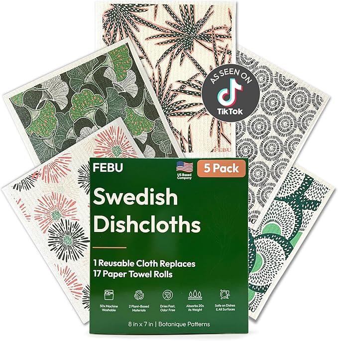FEBU Swedish Dishcloths for Kitchen | 5 Pack Botanique Reusable Paper Towels Washable | Swedish Dish Towels | Non-Scratch Cellulose Sponge Cloths | No Odor, Biodegradable Cleaning Cloths