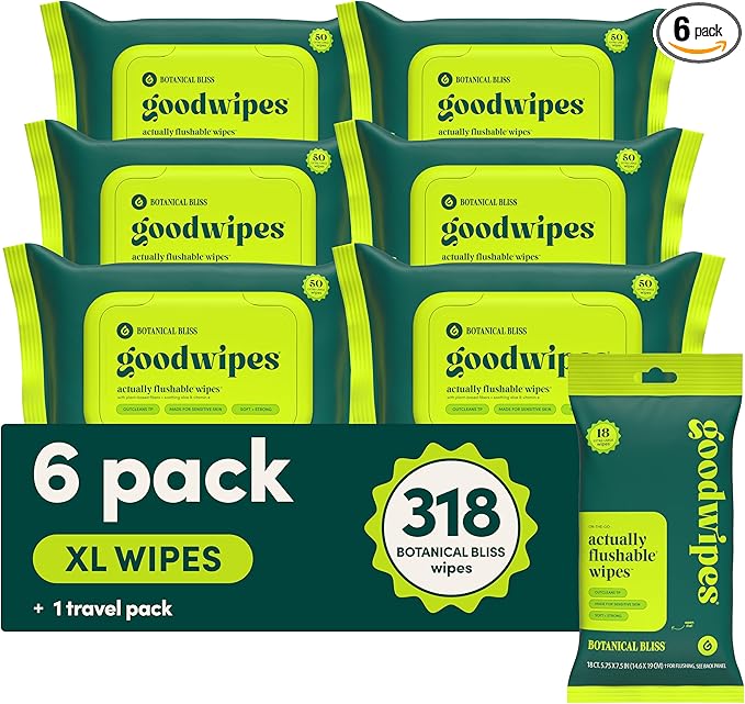 goodwipes Flushable Butt Wipes - Vitamin E & Aloe - Sewer & Septic Safe - Extra Large Adult Wet Wipes For Women & Men - Bathroom Essentials - Botanical Bliss, 318 Count (6 Packs + 1 Travel)