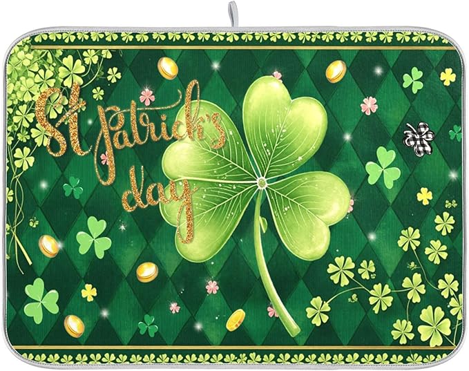 St Patrick's Day Clovers Green Dish Drying Mat 18x24 for Kitchen Lucky Shamrock Leaves Golden Coins Dishes Pad Dish Drainer Rack Mats Absorbent Fast Dry Kitchen Accessories