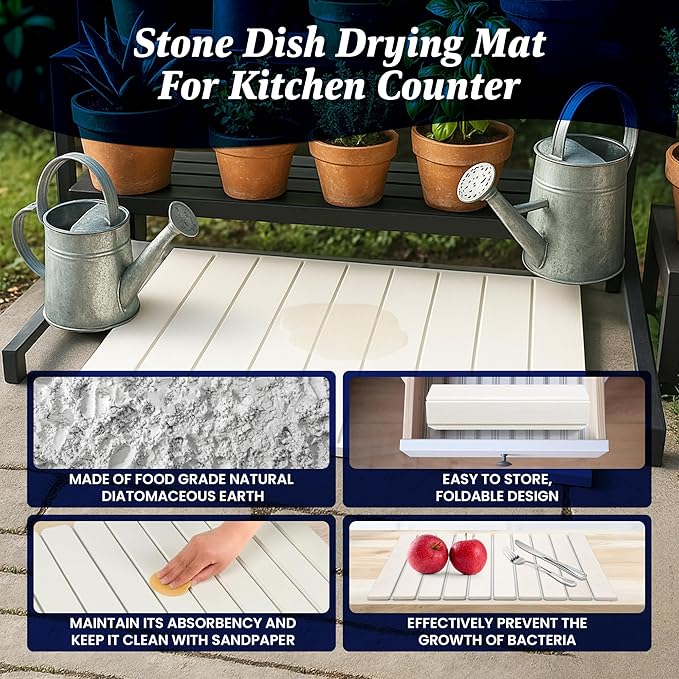 Large Stone Dish Drying Mat for Kitchen Counter, Instant Drying Pad, Super Absorbent Foldable Dish Drying Mat, 24"×16", White