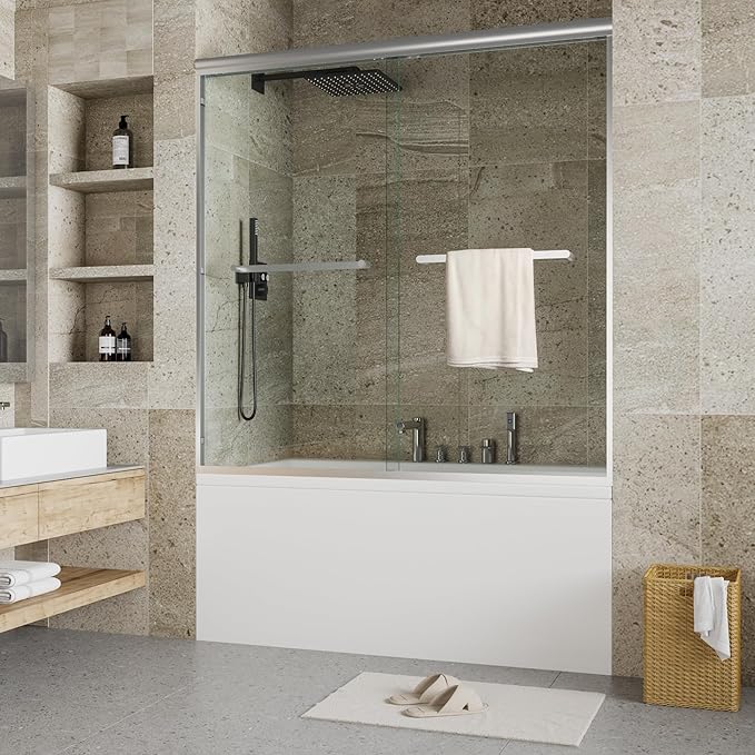 56-60 Inch W× 59 Inch H Double Sliding Shower Door, Semi-Frameless Bypass Bathroom Door with 1/4" Tempered Glass, Brushed Nickel Finish for Walk-in Shower or Bathtub Enclosure