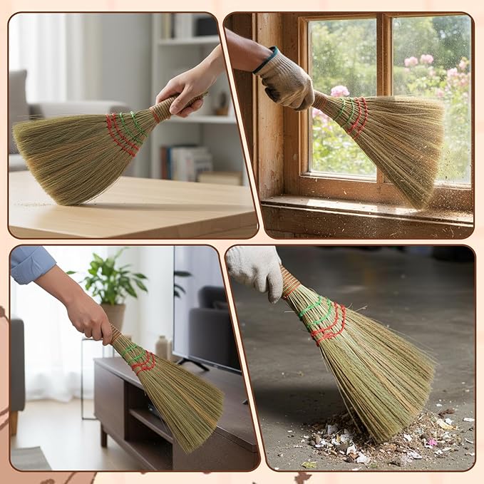 12 Inch Whisk Broom Hand Held, Corn Broom Straw Hand Brooms Handmade Short Handle with Hanger for Indoor & Outdoor Use