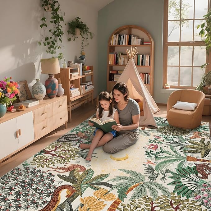 GarveeHome 4x6 Washable Nursery Rug for Kids, Jungle Animal Soft Bedroom Rug Non Slip Low Pile Small Cute Carpet Stain Resistant Throw Rug for Bedside Playroom Office Dining Room
