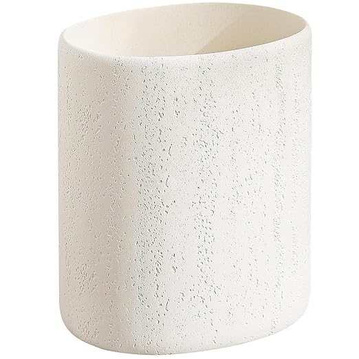Trash Can, 1.6 Gallon Small Bathroom Trash Can, Simple Oval Stone Look Garbage Bin, Decorative Waste Basket for Kitchen Office, Home Decor, Bedroom, Living Room White