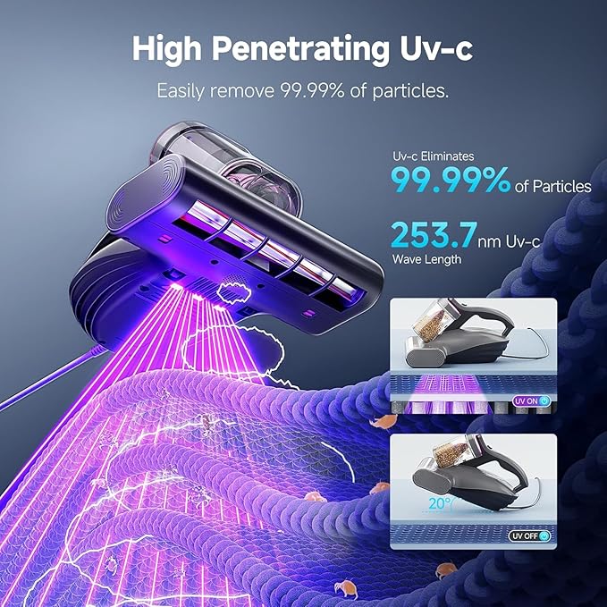 uwant Mattress Vacuum Cleaner, 16Kpa 450W Bed Vacuum Cleaner with 253.7nm UV-C Light, 149°F Heat, 36000 RPM/Min Tapping, HEPA Filter & Ultrasonic, Handheld Vacuums for Bed, Sofa, Couch, Crib, Gray