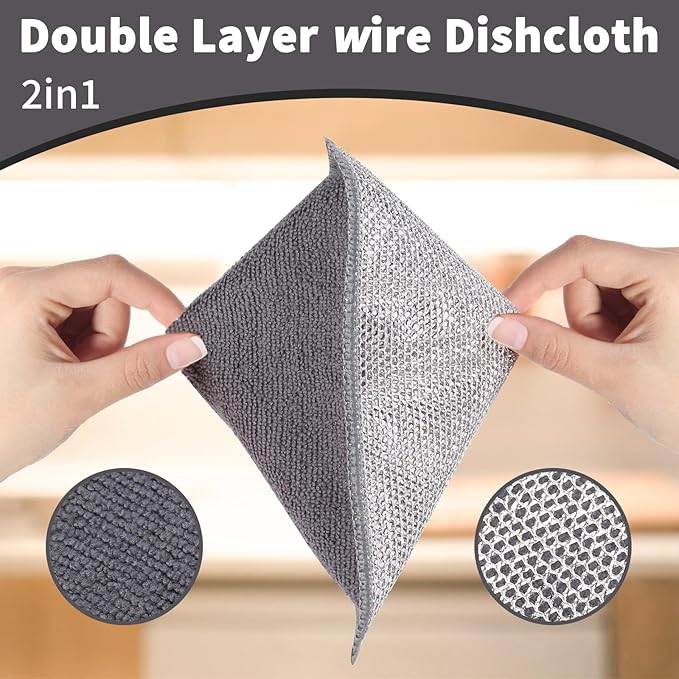 10 Pack Dual-Sided Metal Wire Dishcloth, Reusable Non-Scratch Cleaning Pads with Fabric Side for Nonstick Cookware, Pots, Pans & Kitchen Cleaning