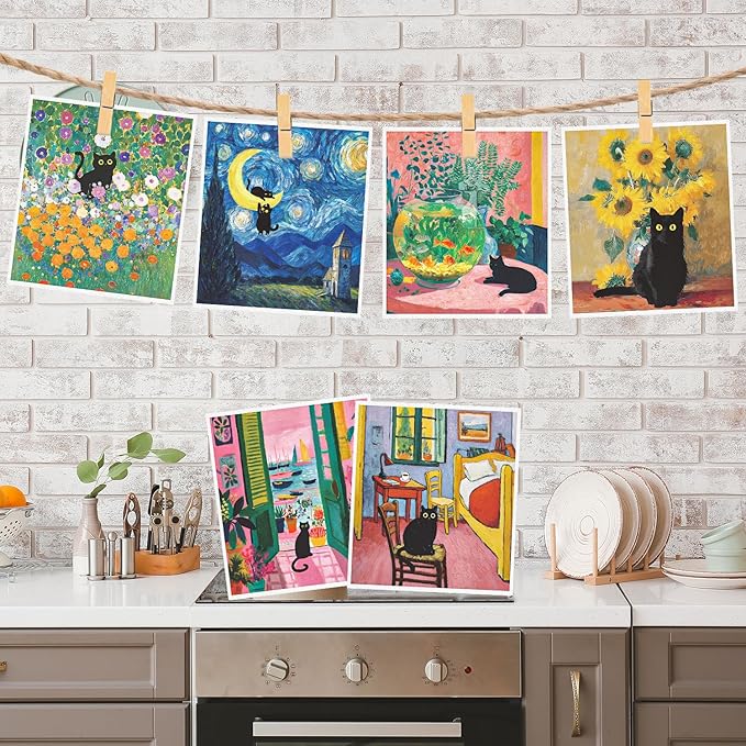 Oil Painting Swedish Dishcloths for Kitchen, 6 Pack Black Cat Wall Art Reusable Paper Towels Washable, Absorbent Dish Rags for Washing Dishes Housewarming Gifts