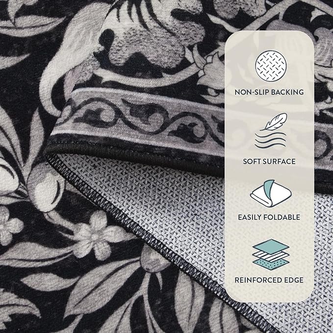 Lahome Bird Living Room Rugs 8x10, Soft Washable Black Rug for Bedroom, Dining Room Rug for Under Table，Non-Slip Stain Resistance Botanical Ultra-Thin Vintage Carpet for Office