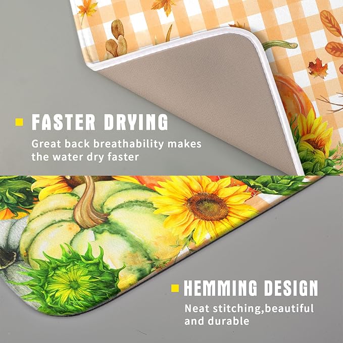 Autumn Maple Leaf Orange White Check Plaids Dish Drying Mat for Kitchen Counter,Fall Sunflower Pumpkin Drying Mat 16 x 18 Inch with Absorbent Reversible Microfiber Dish Drying Pad for Coffee Bar