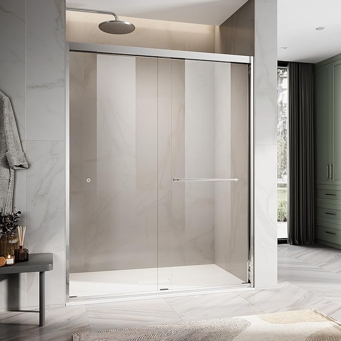 60" W x 72" H Double Sliding Frame Shower Door with 5/16" Clear Tempered Glass,Stainless Steel Roller Brackets,Waterproof Threshold Track,Easy-Cleaning Coating & Towel Bar/Knob, Bright Chrome