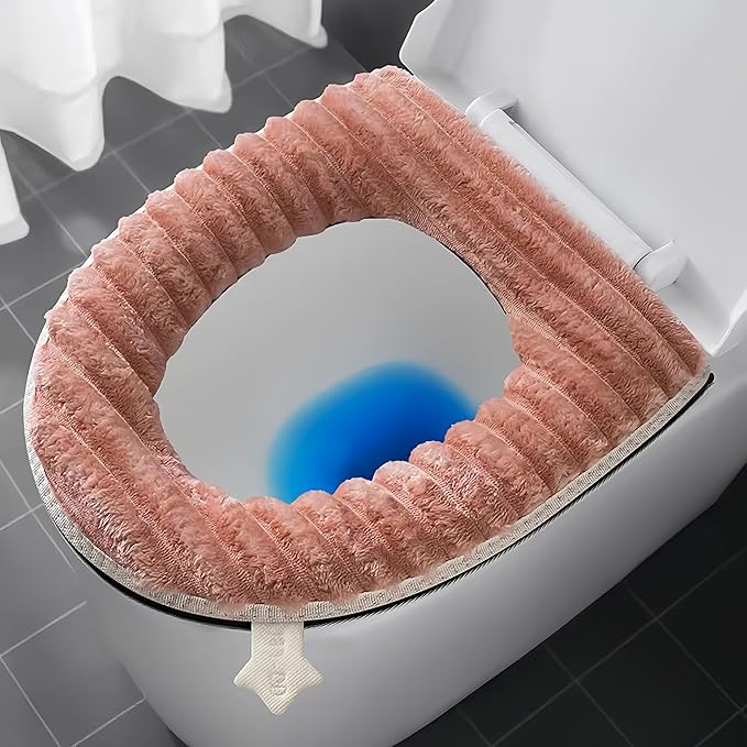 Toilet Seat Warmer Cover,Bathroom Soft Thicker Warmer with Zipper Snaps Fixed Stretchable Washable Fiber Cloth Toilet Seat Covers Pads Easy Installation& Cleaning (Red)