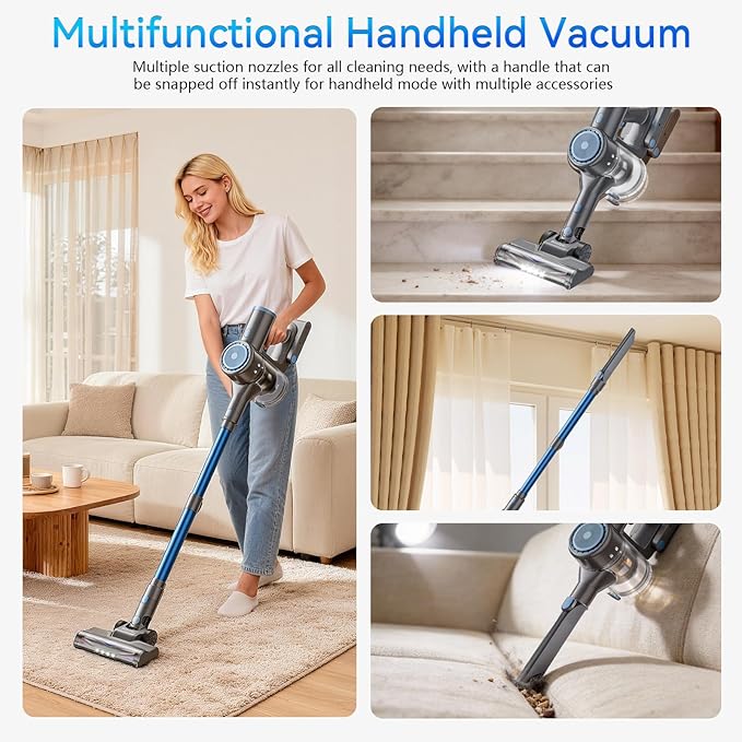BlueEpic Cordless Vacuum Cleaner, 45KPA 45Mins Rechargeable Vacuum Cordless, Stick Vacuum with 2 Adjustable Modes, Handheld Vacuum for Home/Pet Hair/Carpet/Floor