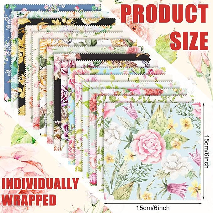 24 Pcs Flower Eyeglasses Cleaning Cloths Lens Cleaning Cloths Reusable Soft Microfiber Glasses Tools for Eyeglasses Camera Lens Cell Phone Screen 6 x 6 Inches