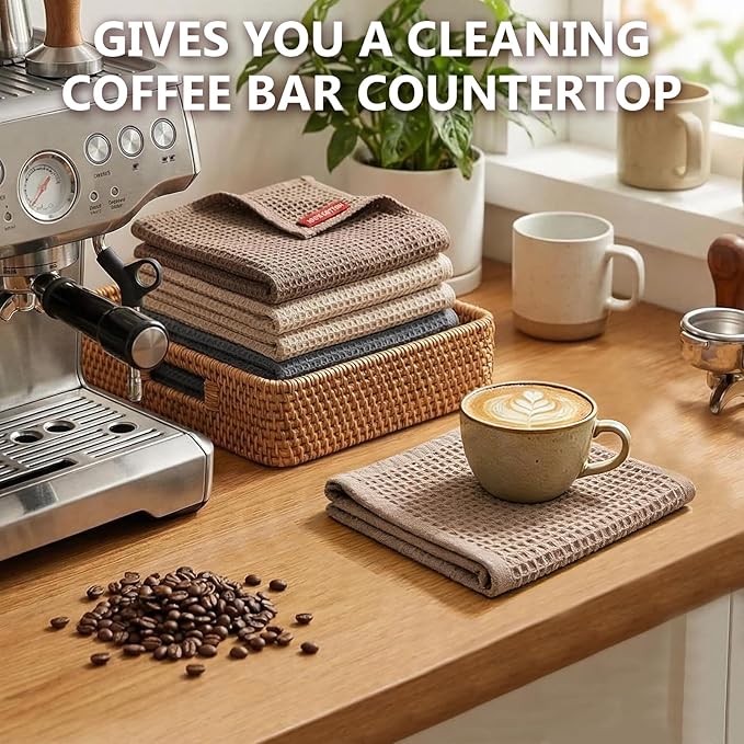 FGSAEOR Barista Cleaning Towels 6-Pack, 100% Cotton Waffle Weave 12x12 Inch Extra Thick Coffee Cloths, Ultra Soft Absorbent for Espresso Machine, Steam Wand, Milk Frother & Countertops