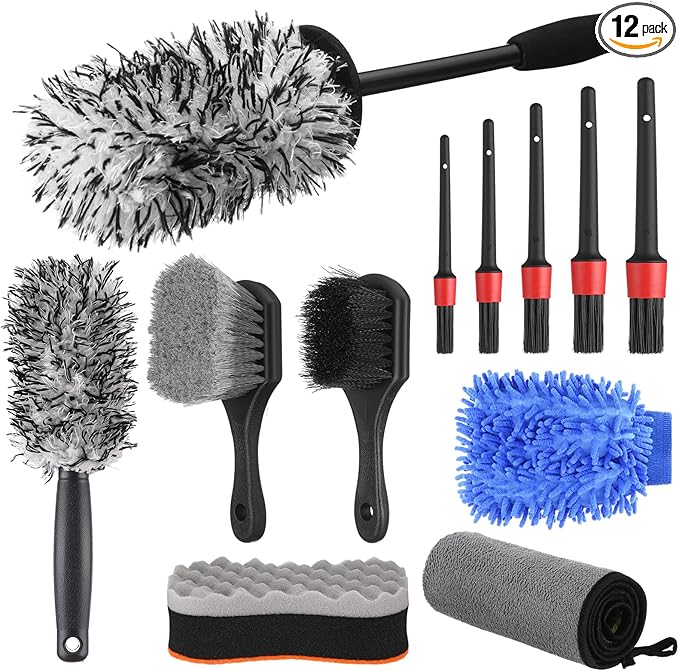 12 Pcs Car Wheel & Tire Brushes Kit, Tire Brush, Soft-bristled Rim Brush, Microfiber Flat Wheel Cleaning Tool, Drying Towel, Wash Mitt, Detailing Cleaning Wash Brushes, Applicator Pad Set