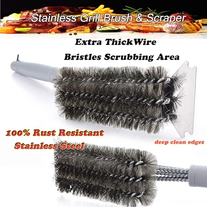 Grill Brush and Scraper-Best BBQ Brush for Grill Outdoor, Safe 18" Stainless Steel w/Wire 3 in 1 Bristles Grill Cleaning Brush - Gifts for Grilling Enthusiasts & Men Dad