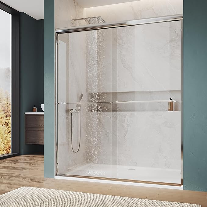 ELEGANT Double Sliding Shower Door 56-60" W x 72" H, Semi-Frameless Bypass Shower Glass Door with Dual Towel Bar Handles, 1/4" Tempered Glass for Walk-in Shower, Chrome Finish