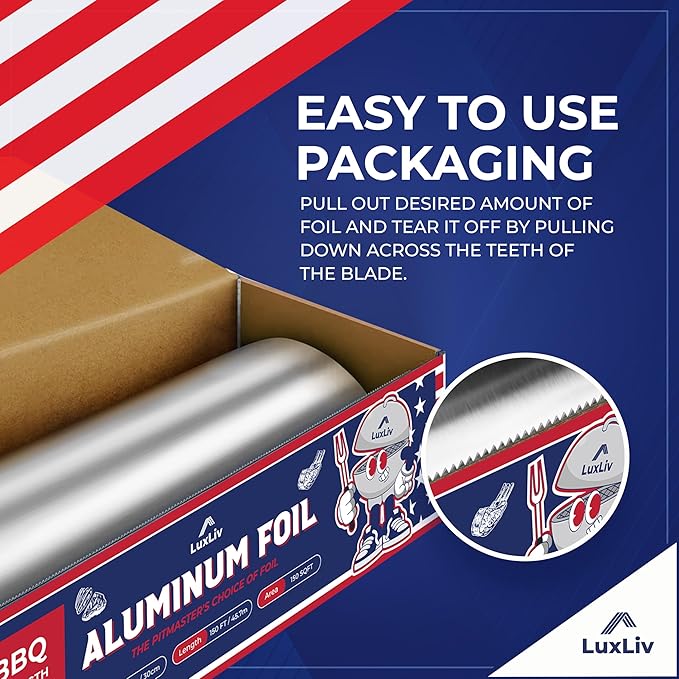 Aluminum Heavy Duty 30 Micron Tin Foil Roll – 12 inch wide x150ft ft Length,150 sq ft – BBQ Grade & Extra Thick, Strong Enough for Food Service Industry with cutter - LuxLiv®
