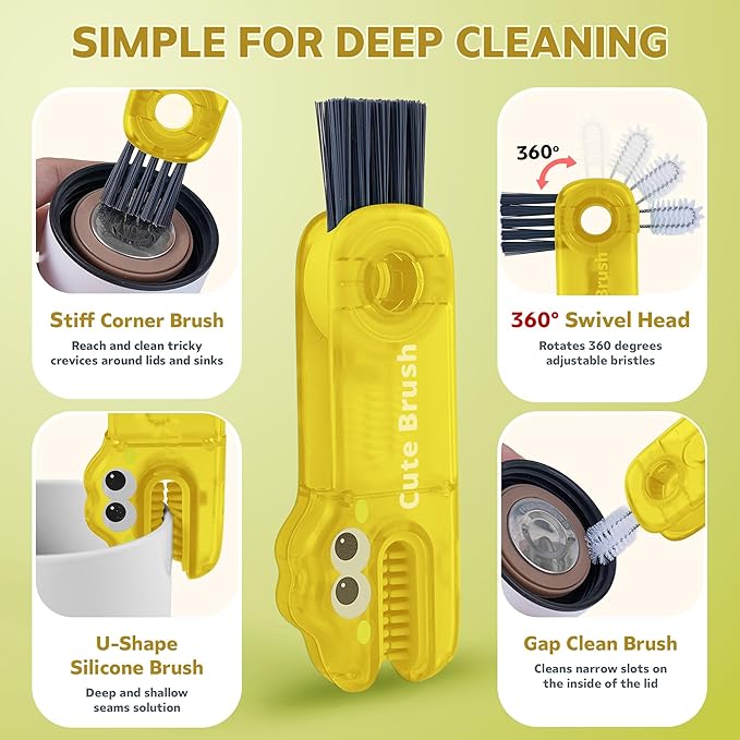 Cup Lid Cleaning Brush, 3 in 1 Lid Cleaner for Tumblers and Water Bottles, Gap Cleaning Brush with Straw Hole Detail Tool, Multifunctional Brush for Daily Use (Yellow Green)