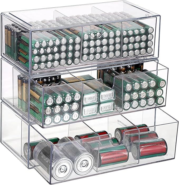 BTSKY 3 Pack Clear Acrylic Battery Storage Organizer for AA, AAA, 9V, C, D Batteries, 3-Drawer Storage Box Battery Holder for Common Types Batteries, Household Container(Batteries Not Included)