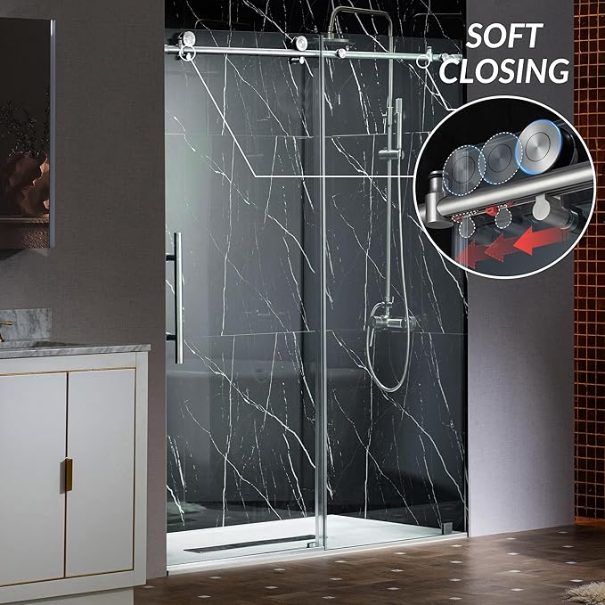 Woodbridge Frameless Sliding Shower Doors with Soft Close System, 57.5-60" Width x 76" Height with 3/8"(10mm) Clear Tempered Glass in Polished Chrome Finish, BSDC6076-C