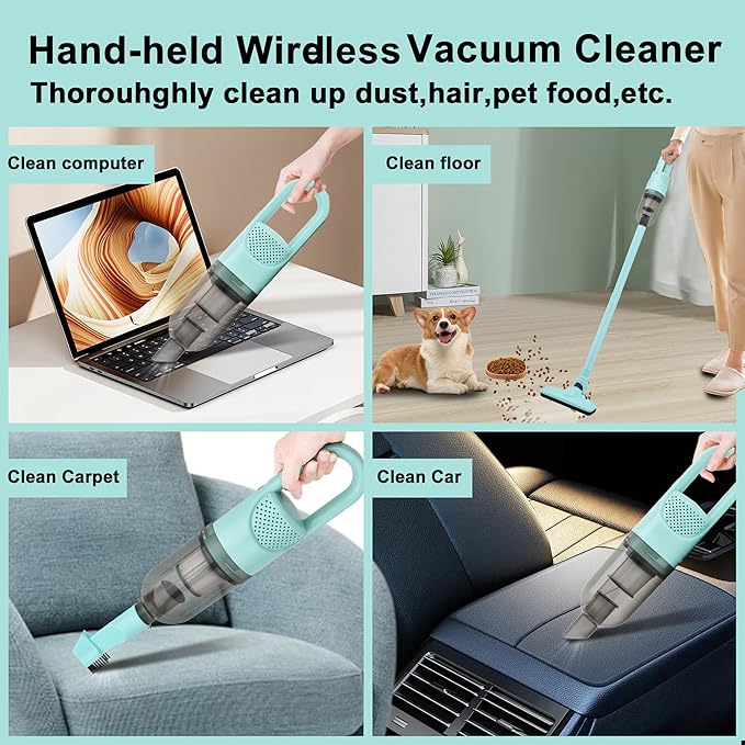 6-in-1 Lightweight Stick Vacuum Cleaner with 100W Powerful Motor, Mini Portable Household Handheld Vacuum Cleaner for Domestic Hard Floors, Carpets and Pet Hair(Green Cordless with Plug)